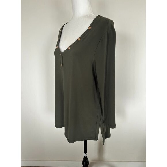FRANK LYMAN Design Tunic Top Size 12 Olive Green Jersey Knit 3/4 Sleeves Gold - Picture 4 of 6
